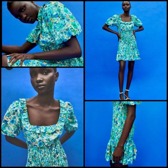 Zara Floral Print Smocked Bodice Ruffle Hem Square Neck Puff Sleeve Mini Dress S - Picture 1 of 14